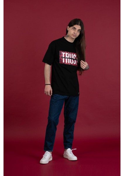 Oversize Bisiklet Yaka Baskılı Erkek Penye T-Shirt