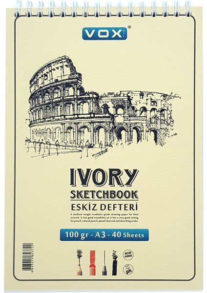 Sketchbook Ivory A3 Üstten Spiralli Eskiz Defteri 100GR 40 Ivory Yaprak