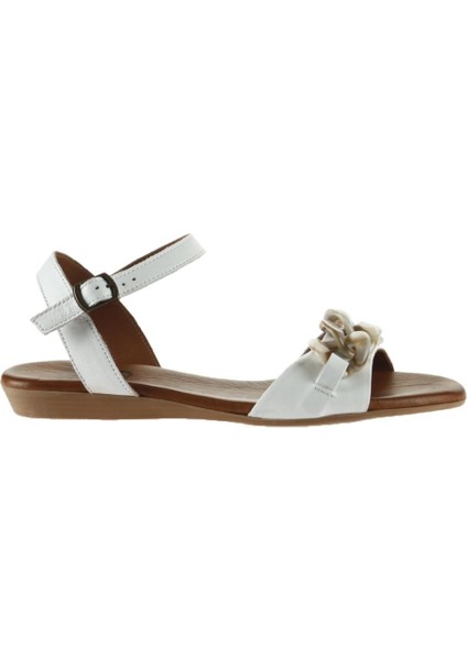 Beyaz Deri Kadın Düz Sandalet