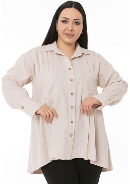 Büyük Beden Torba Cepli Önü ve Arkası Pileli Geniş Manşetli Arkası Uzun Bej Müslin Gömlek fiyatları