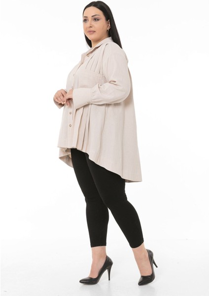Büyük Beden Torba Cepli Önü ve Arkası Pileli Geniş Manşetli Arkası Uzun Bej Müslin Gömlek fırsatları