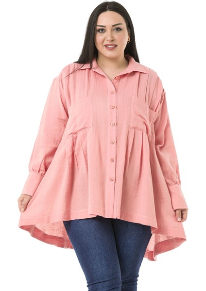 Büyük Beden Torba Cepli Önü ve Arkası Pileli Geniş Manşetli Arkası Uzun Pembe Müslin Gömlek fiyatları