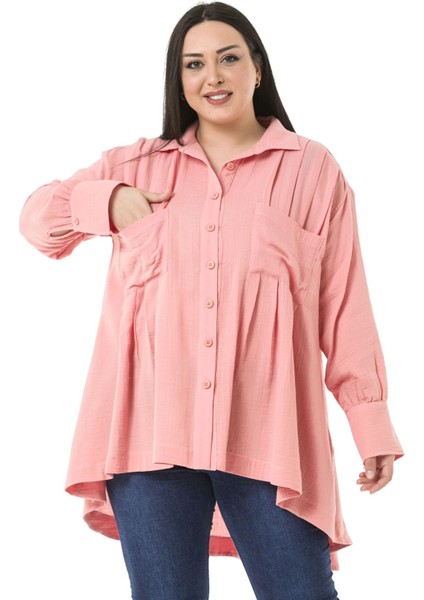 Büyük Beden Torba Cepli Önü ve Arkası Pileli Geniş Manşetli Arkası Uzun Pembe Müslin Gömlek fırsatları