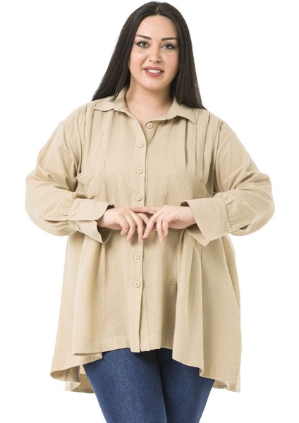 Büyük Beden Torba Cepli Önü ve Arkası Pileli Geniş Manşetli Arkası Uzun Taş Rengi Müslin Gömlek fiyatları