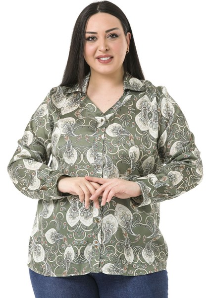 Büyük Beden Yaka Detaylı Şal Desen Saten Haki Kadın Gömlek