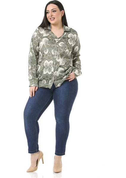Büyük Beden Yaka Detaylı Şal Desen Saten Haki Kadın Gömlek fiyatları