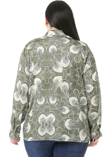 Büyük Beden Yaka Detaylı Şal Desen Saten Haki Kadın Gömlek modelleri