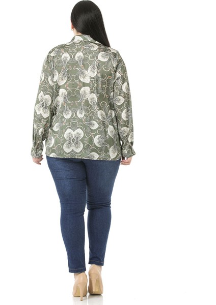 Büyük Beden Yaka Detaylı Şal Desen Saten Haki Kadın Gömlek fırsatları