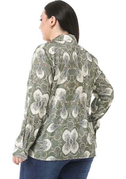 Büyük Beden Yaka Detaylı Şal Desen Saten Haki Kadın Gömlek indirimleri