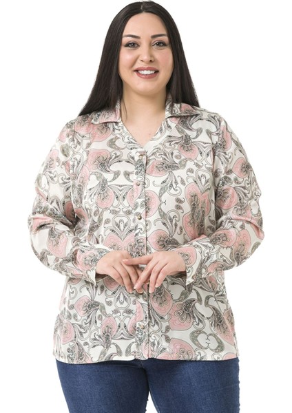 Büyük Beden Yaka Detaylı Şal Desen Saten Pudra Rengi Kadın Gömlek