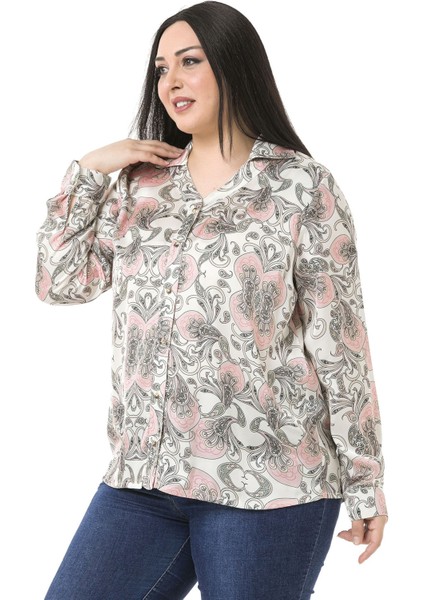 Büyük Beden Yaka Detaylı Şal Desen Saten Pudra Rengi Kadın Gömlek fiyatları