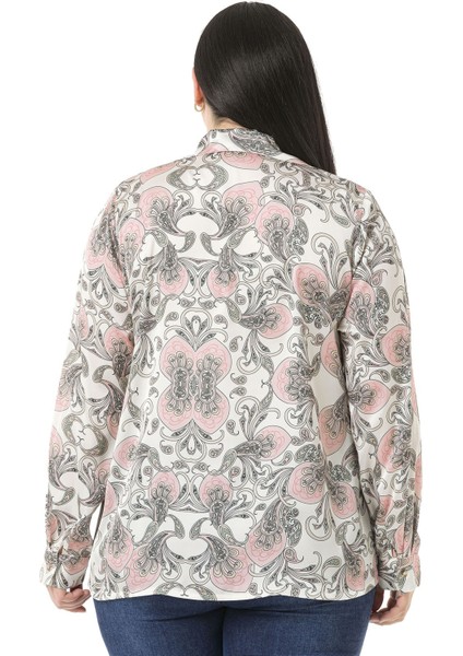 Büyük Beden Yaka Detaylı Şal Desen Saten Pudra Rengi Kadın Gömlek modelleri