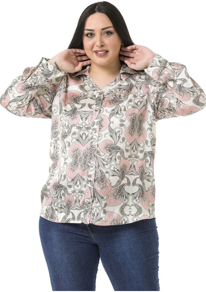 Büyük Beden Yaka Detaylı Şal Desen Saten Pudra Rengi Kadın Gömlek fırsatları