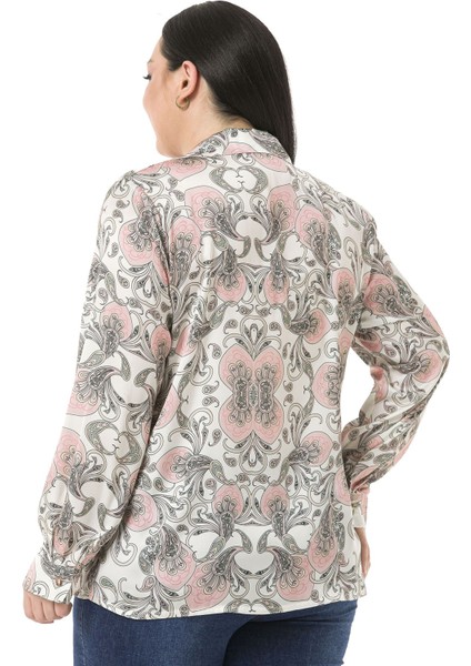 Büyük Beden Yaka Detaylı Şal Desen Saten Pudra Rengi Kadın Gömlek indirimleri