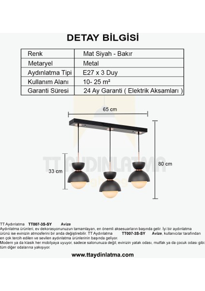 TT Aydınlatma TT007-3S Sy Tt Aydınlatma Mat Siyah 3 Lü Sıralı Lüks Avize