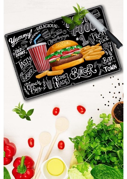 20X30 cm Fast Food Desenli Cam Kesme Tablası