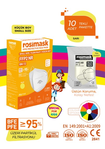 Ffp2 Çocuk Maske (6-12 Yaş) 10 Adet Sarı Maske