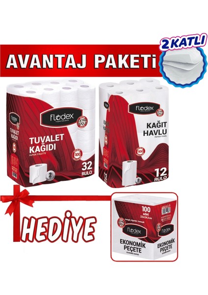 Tuvalet Kağıdı Çift Katlı 32 Li Pk + Flodex Kağıt Havlu Çift Katlı 12'li Paket + Peçete