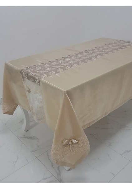 Elegant Lüx Dantelli Monoray Kumaş Bej Masa Örtüsü Dikdörtgen 170x230 cm - 1050