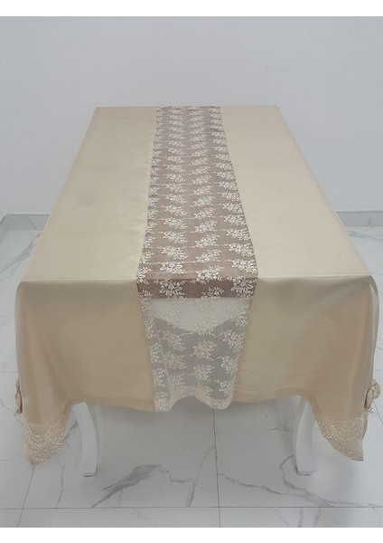 Elegant Lüx Dantelli Monoray Kumaş Bej Masa Örtüsü Dikdörtgen 170x230 cm - 1050