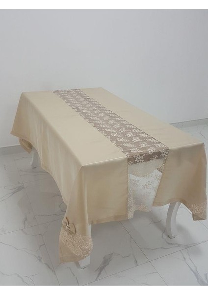 Elegant Lüx Dantelli Monoray Kumaş Bej Masa Örtüsü Dikdörtgen 170x230 cm - 1050