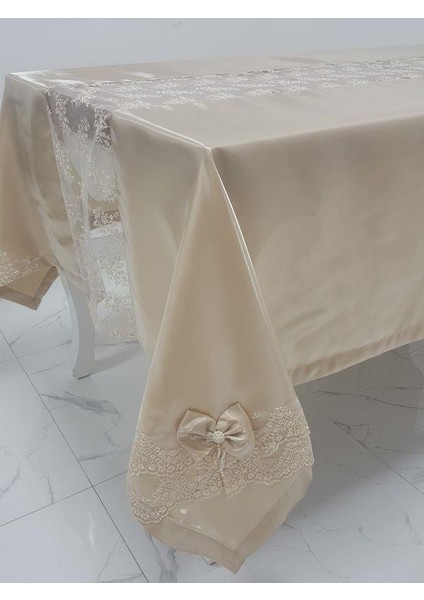 Elegant Lüx Dantelli Monoray Kumaş Bej Masa Örtüsü Dikdörtgen 170x230 cm - 1050