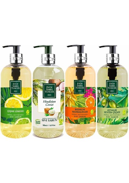 Hindistan Cevizi, Çeşme Limonu, Zeytin Çiçeği ve Bodrum Mandalinası Sıvı Sabun Seti 4' lü 500 ml