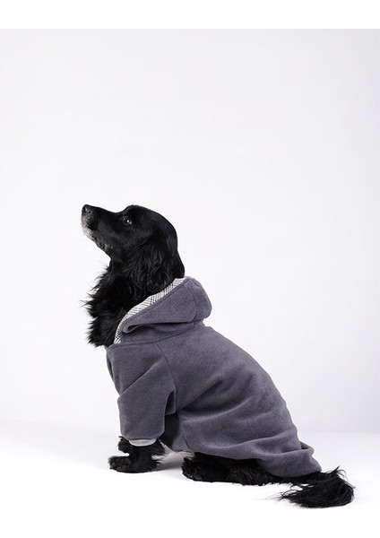 Köpek Kıyafeti Kapüşonlu Polar Sweathshirt Ekoseli Düz Model Antrasit