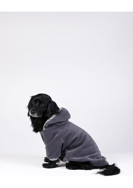 Köpek Kıyafeti Kapüşonlu Polar Sweathshirt Ekoseli Düz Model Antrasit