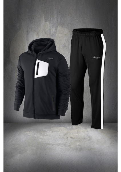 Erkek Siyah Supra Penye Kumaş Ön Cepli Rahat Eşofman Takımı (S-3xl)