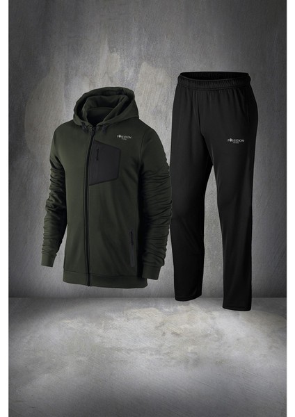 Erkek Haki Supra Penye Kumaş Fermuarlı Kapüşonlu Yürüyüş Takımı (S-3xl)