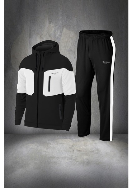 Erkek Siyah Supra Penye Kumaş Şeritli Rahat Kapüşonlu Eşofman Takımı (S-3xl)