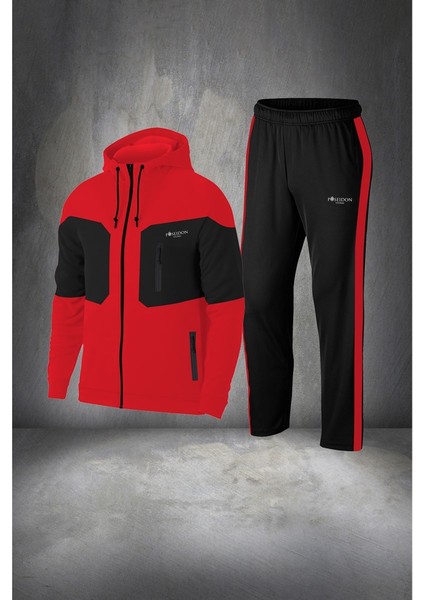 Erkek Kırmızı Supra Penye Kumaş Fermuarlı Kapüşonlu Koşu Seti (S-3xl)