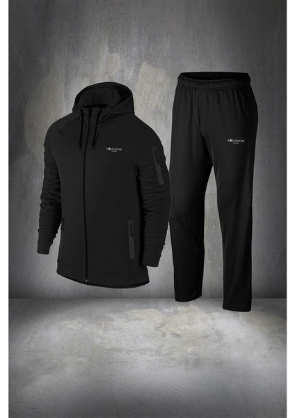 Erkek Siyah Supra Penye Kumaş Rahat Fermuarlı Eşofman Takımı (S-3xl)