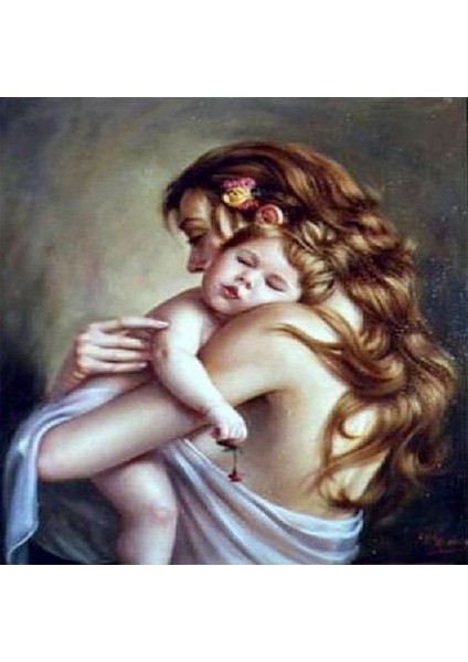 Canvas Anne ve Bebeği Sayılarla Boyama Seti Kasnaklı 100 x 140 cm