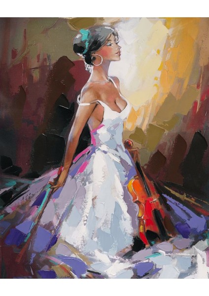 Canvas Beyaz Elbiseli Kemancı Sayılarla Boyama Seti Kasnaklı 100 x 140 cm