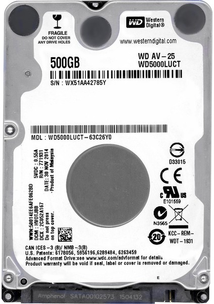 Dahili HDD Notebook 2.5" Wd 500 GB