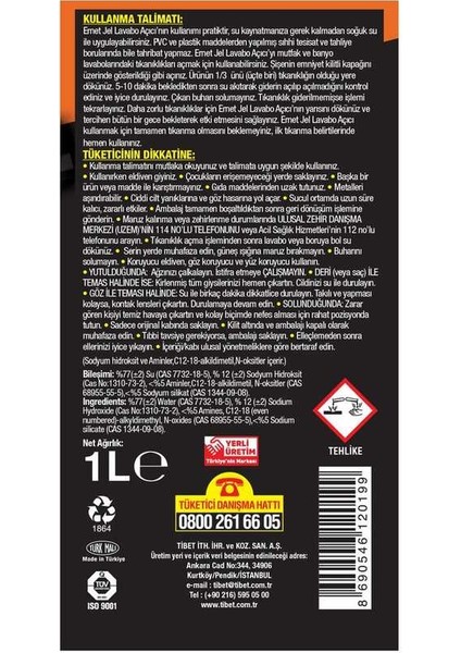 Lavabo Açıcı Jel 1 L fiyatları
