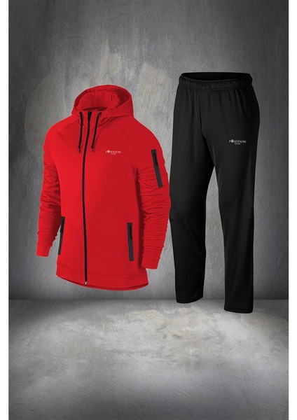 Büyük Beden Erkek Kırmızı Supra Penye Kumaş Rahat Cepli Kapüşonlu Eşofman Takımı (4xl- 10XL)