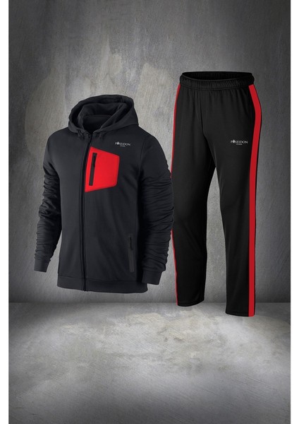 Büyük Beden Erkek Siyah Supra Penye Kumaş Önü Cep Detaylı Eşofman Takımı (4xl- 10XL)