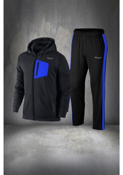 Büyük Beden Erkek Siyah Supra Penye Kumaş Önü Cep Detaylı Kapüşonlu Eşofman Seti (4xl- 10XL)