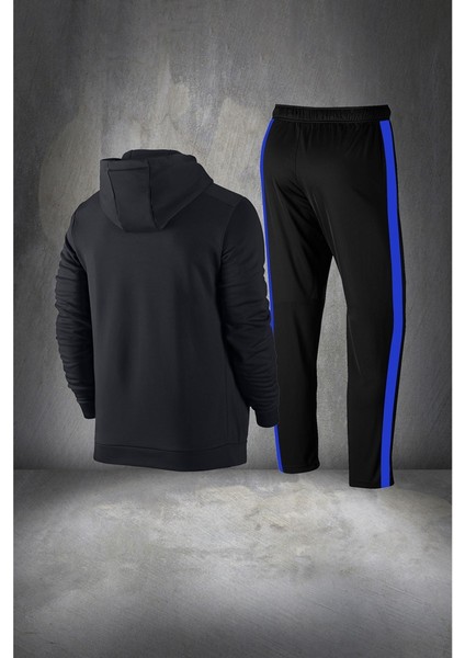 Büyük Beden Erkek Siyah Supra Penye Kumaş Önü Cep Detaylı Kapüşonlu Eşofman Seti (4xl- 10XL)