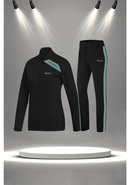 Kadın Siyah Supra Penye Kumaş Mevsimlik Fermuarlı Koşu Takımı (S-3xl)