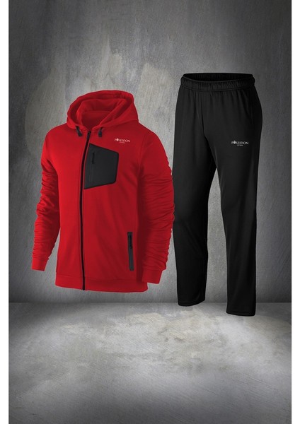 Büyük Beden Erkek Kırmızı Supra Penye Kumaş Ön Cepli Rahat Kapüşonlu Yürüyüş Takımı (4xl- 10XL)