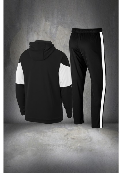 Büyük Beden Erkek Siyah Supra Penye Kumaş Şeritli Rahat Kapüşonlu Eşofman Takımı (4xl- 10XL) fırsatları