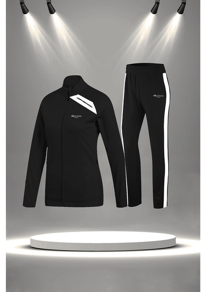 Kadın Siyah Supra Penye Kumaş Rahat Fermuarlı Koşu Takımı (S-3xl)