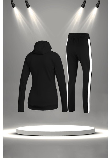 Kadın Siyah Supra Penye Kumaş Rahat Fermuarlı Koşu Takımı (S-3xl)