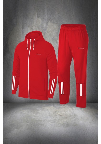 Büyük Beden Erkek Kırmızı Supra Penye Kumaş Kapüşonlu Yürüyüş ve Koşu Seti (4xl- 10XL)