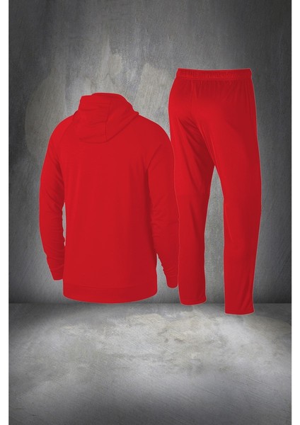 Büyük Beden Erkek Kırmızı Supra Penye Kumaş Kapüşonlu Yürüyüş ve Koşu Seti (4xl- 10XL)