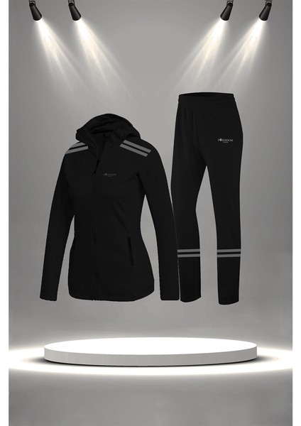 Kadın Siyah Supra Penye Kumaş Fermuarlı Şık Koşu ve Yürüyüş Takımı (S-3xl)